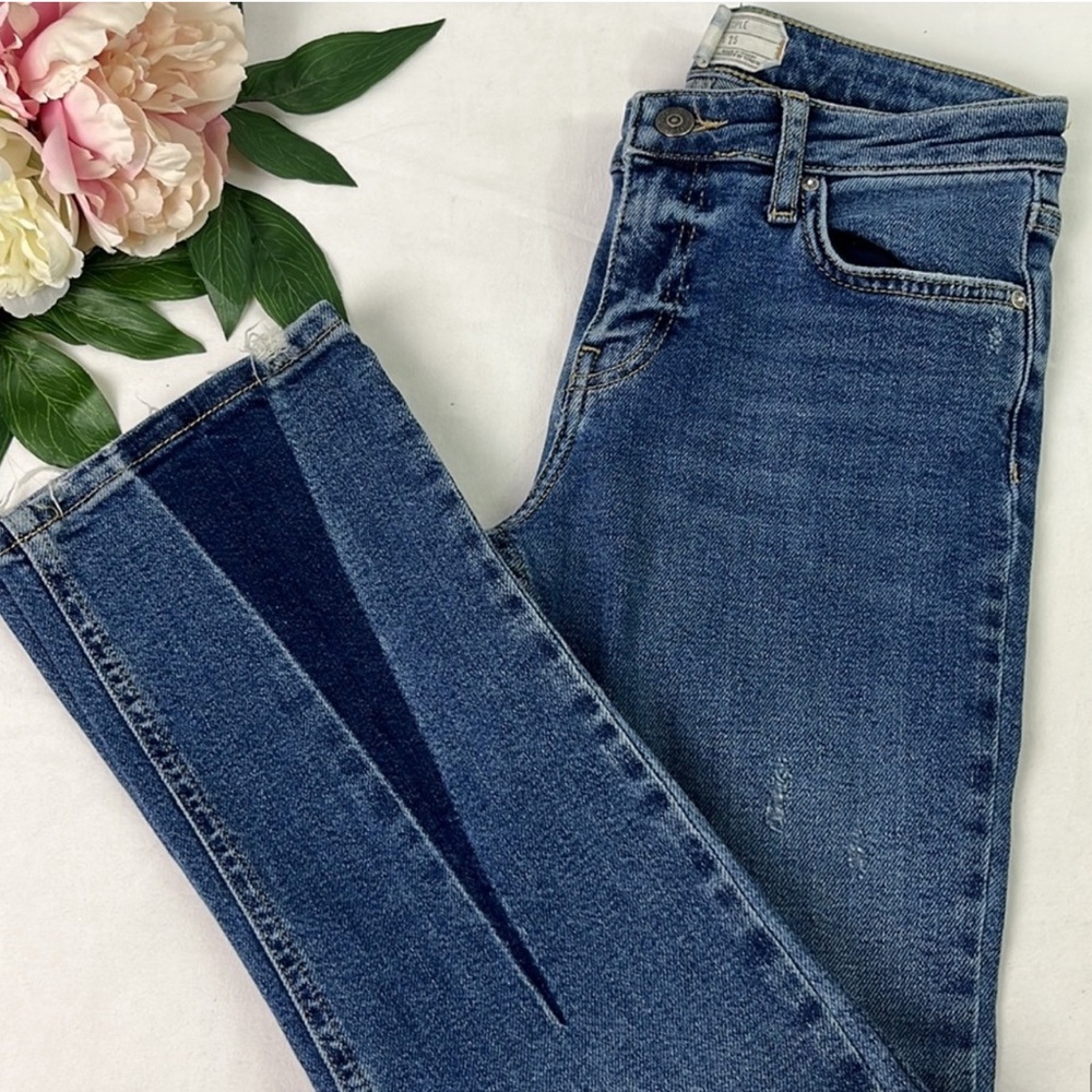 Free People Blue Color Blocked Cotton Blend Crop Flare Leg Denim Jeans Size 25